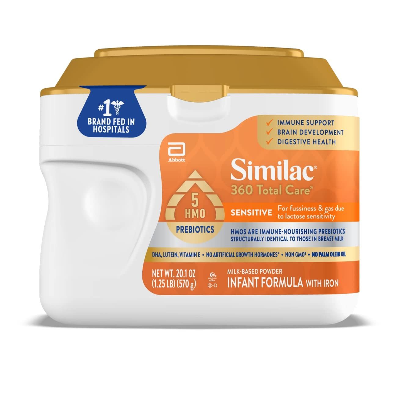 Similac 360 Total Care Sensitive Infant Formula for Fussiness &amp; Gas Due to Lactose Sensitivity, Has 5 HMO Prebiotics, Non-GMO, Baby Formula Powder, 20.1-oz Tub