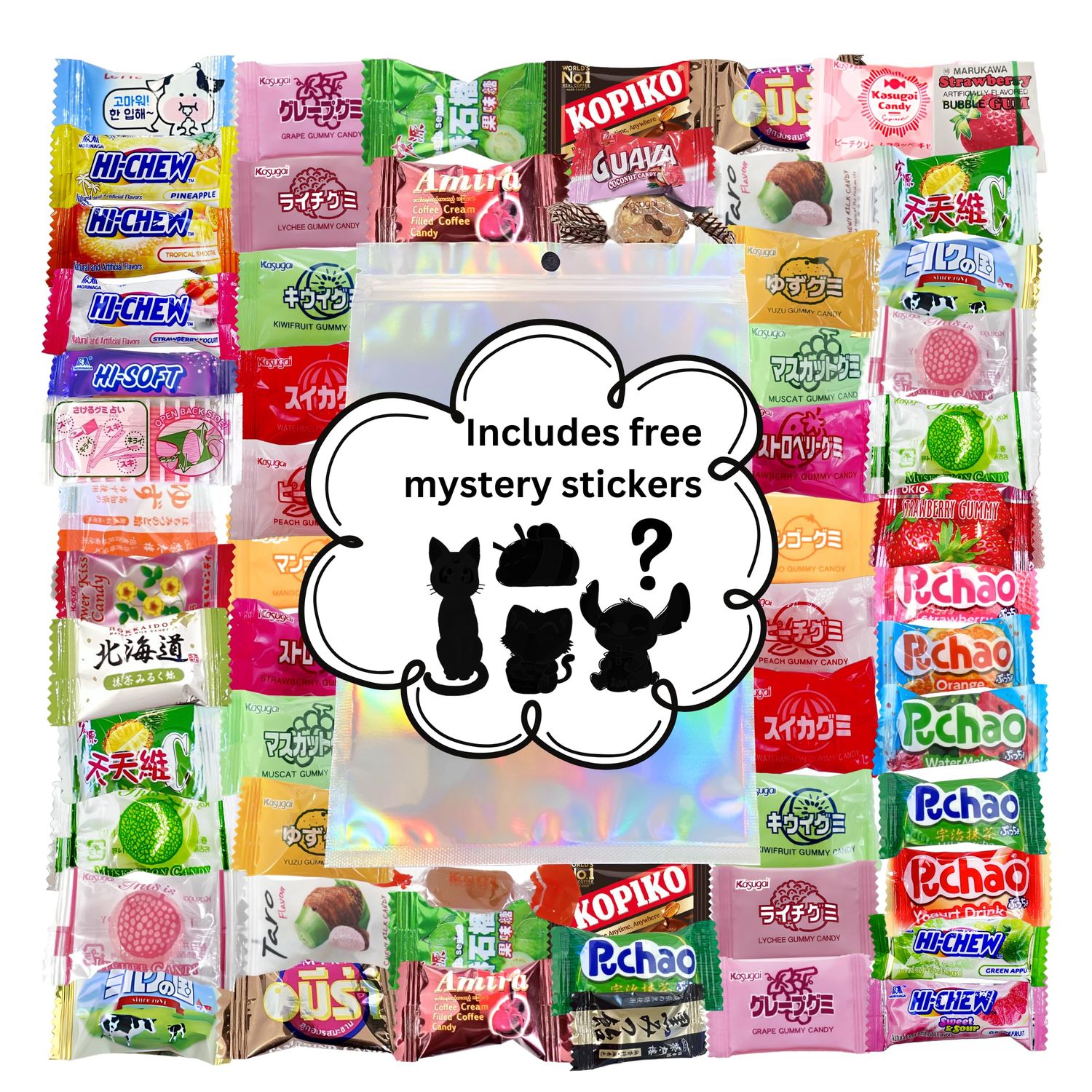 Asian Assorted Candy Bag 50 Counts  Variety Best Tasting Candies from Japan, China, Indonesia, etc. Giftable Sealed Candy Bag with Free Mystery Stickers