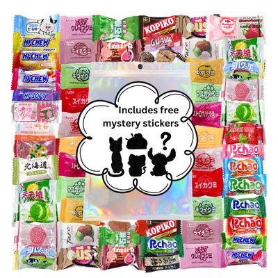 Asian Assorted Candy Bag 50 Counts  Variety Best Tasting Candies from Japan, China, Indonesia, etc. Giftable Sealed Candy Bag with Free Mystery Stickers