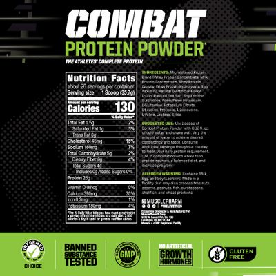 MusclePharm Combat Protein Powder, Vanilla Flavor, Fuels Muscles for Productive Workouts, 5 Protein Sources Including Whey Protein Isolate &amp; Egg Albumin, Gluten Free, 2 lb, 26 Servings