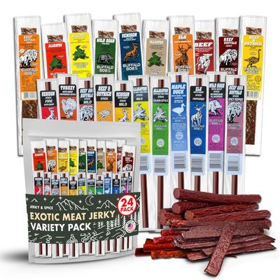 Buffalo Bob&#39;s Wild Game Meat Snacks (24 pack), Beef Jerky Assortment Pack of Flavorful Strips &amp; Sticks, Exotic Jerky Gift Baskets for Men, Meat Variety Pack for Valentines &amp; Christmas, Meat Bouquet