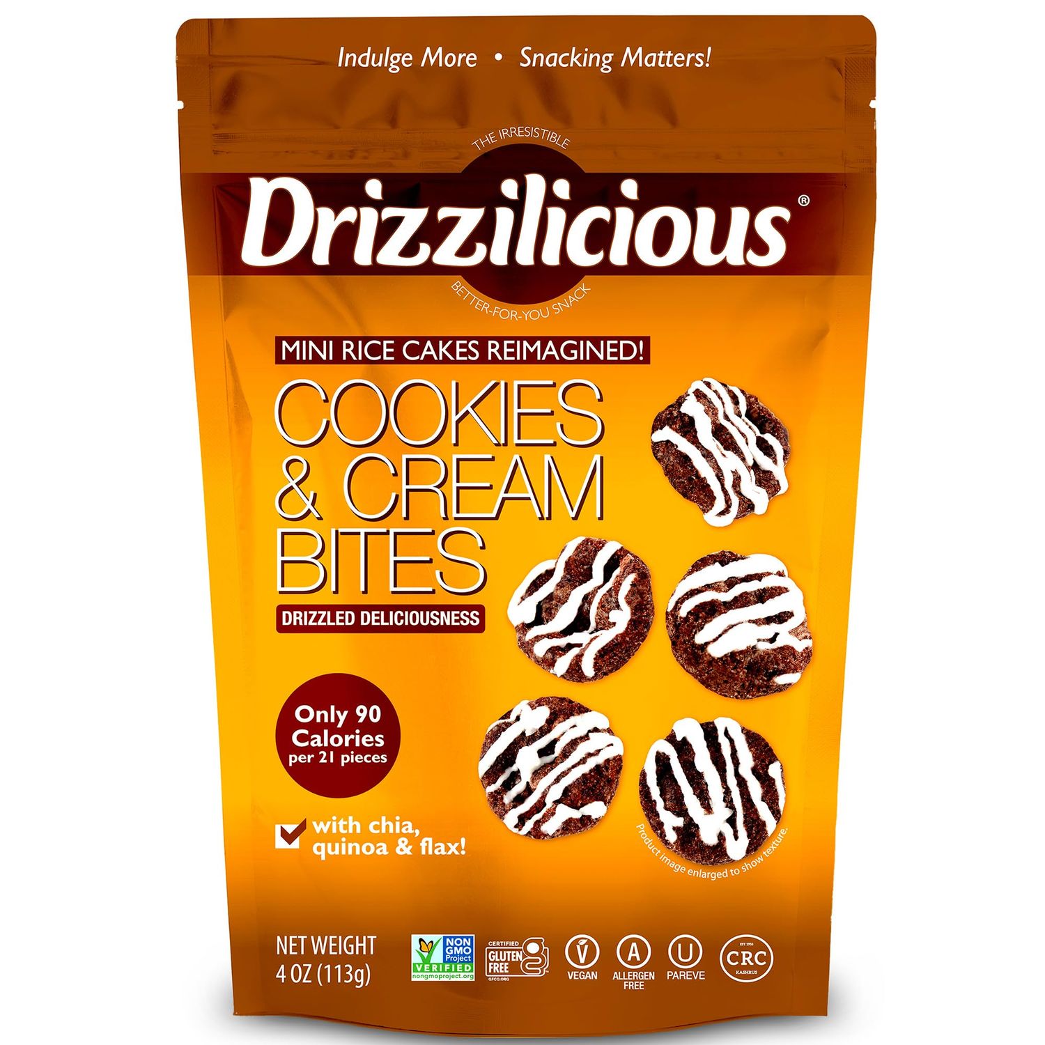 Drizzilicious Mini Rice Cakes Cookies &amp; Cream - Rice Crisps, Healthy Snack for Adults and Kids, Flavored Rice Cakes, Vegan, Gluten Free, Only 90 Calories Per Serving - 4 oz (Pack of 6)