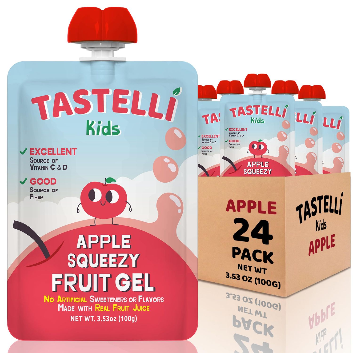 Tastelli Kids Squeezy Fruit Gel (APPLE) No Artificial Sweetener or Flavors, Made with REAL Fruit Juice, Fiber-Rich Prebiotic Gut Support, Vitamin C &amp; D, Vegan, Gluten Free (Pack of 24)