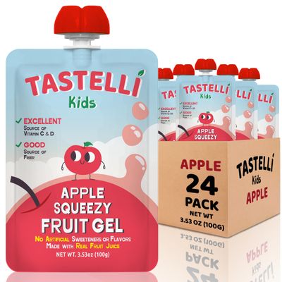 Tastelli Kids Squeezy Fruit Gel (APPLE) No Artificial Sweetener or Flavors, Made with REAL Fruit Juice, Fiber-Rich Prebiotic Gut Support, Vitamin C &amp; D, Vegan, Gluten Free (Pack of 24)