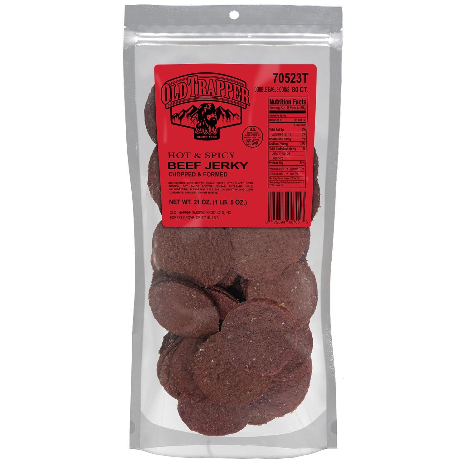 Old Trapper Double Eagle Beef Jerky, Hot &amp; Spicy Flavor, 21oz. 80-Count Package, Natural Wood Smoked Meat Snacks, 10 Grams of Protein and 80 Calories per Serving (Pack of One)