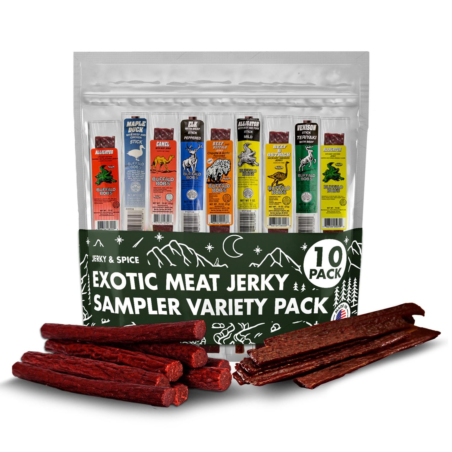 Buffalo Bobs Wild Game Jerky (10-Pack), Exotic Meat Jerky Sampler Gift Pack, Premium Wild Game Meat Bouquet, Jerky Gifts for Men, Jerky Variety Pack