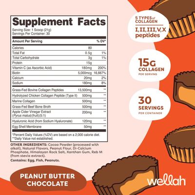 Wellah The Afterglow Multi Collagen Protein  Beauty (Peanut Butter Chocolate Flavored) 30 Servings