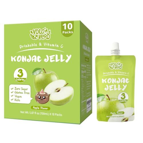 VOLO VERO Konjac Jelly Squeeze Pouch Apple Flavor, Low Calories (3 Kcal), 10 Packs, Gluten Free &amp; Vegan, 0 Sugar, Keto, Low Carb, Drinkable Vitamin C Healthy Snacks, Holiday Gifts