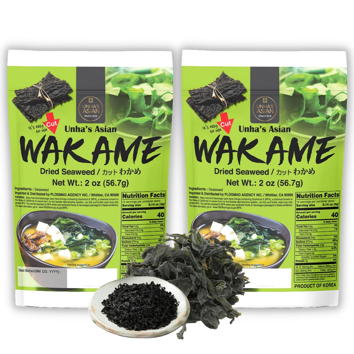 Korean Premium Baby Wakame Dried Seaweeds Flake 2 OZ - 100% Natural from Ocean Cooking for Miso Soup, Salad, Sea Vegetable, Healthy, Product of Korea (2 Pack)