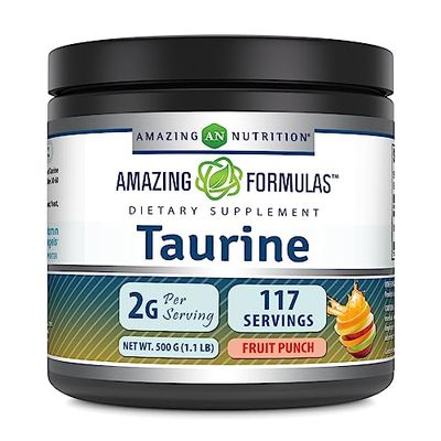 Amazing Formulas Taurine 500 Grams (1.1 Lb) Powder Supplement  2000 mg Per Serving  111 Servings  Non-GMO  Gluten Free  Made in USA (Fruit Punch)