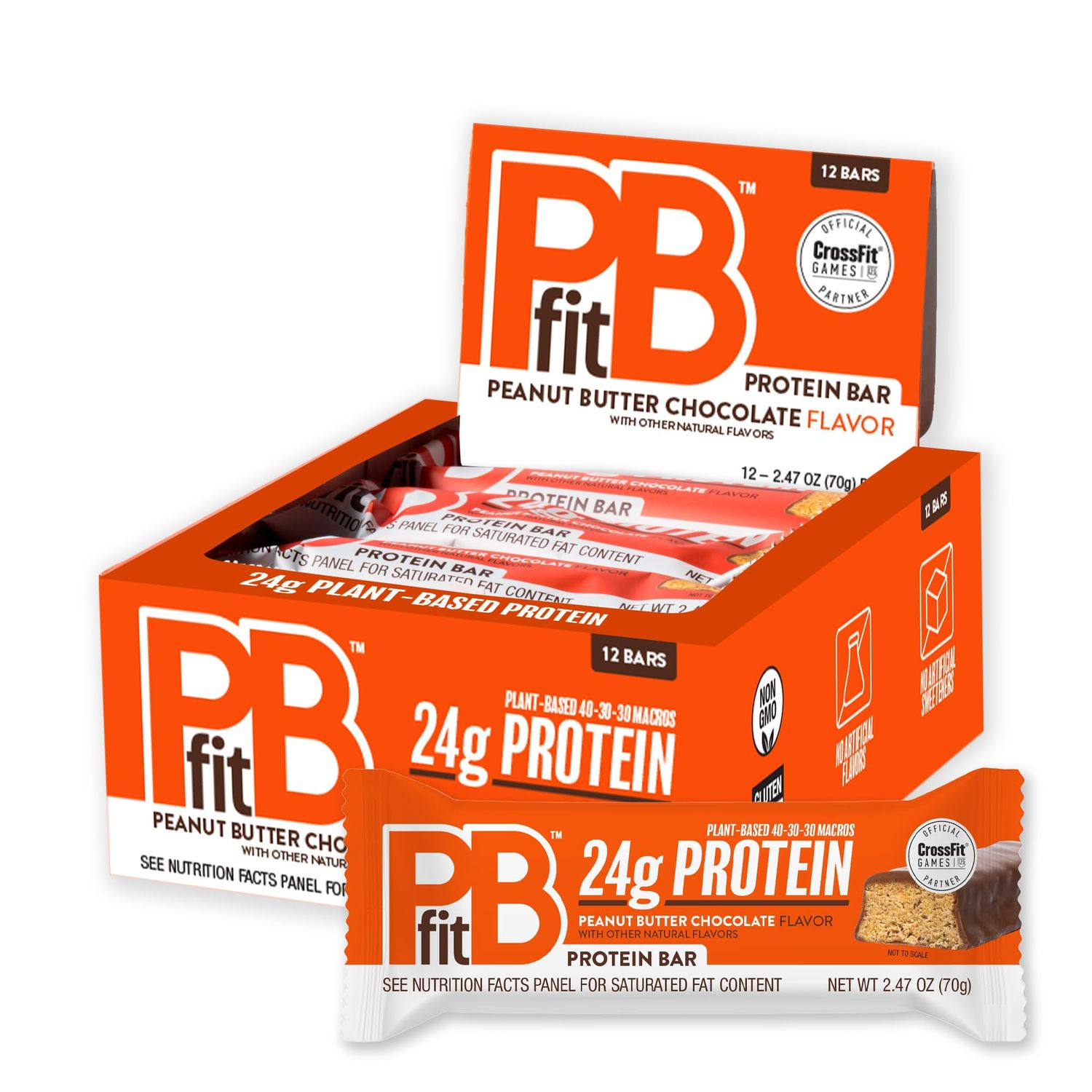 PBfit Peanut Butter Chocolate Protein Bars, 24g Protein, Gluten Free, Vegan, Plant-Based 40-30-30 Macros, 2.47 Oz (Pack of 12)