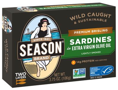 Season Brisling Sardines in Extra Virgin Olive Oil - Wild Caught, 14g of Protein, Keto Snacks, More Omega 3's Than Tuna, Kosher, High in Calcium, Canned Sardines, Two Layers - 3.37 Oz Tins, 6-Pack Season Brisling Sardines in Extra Virgin Olive Oil - Wild Caught, 14g of Protein, Keto Snacks, More Omega 3's Than Tuna, Kosher, High in Calcium, Canned Sardines, Two Layers - 3.37 Oz Tins, 6-Pack