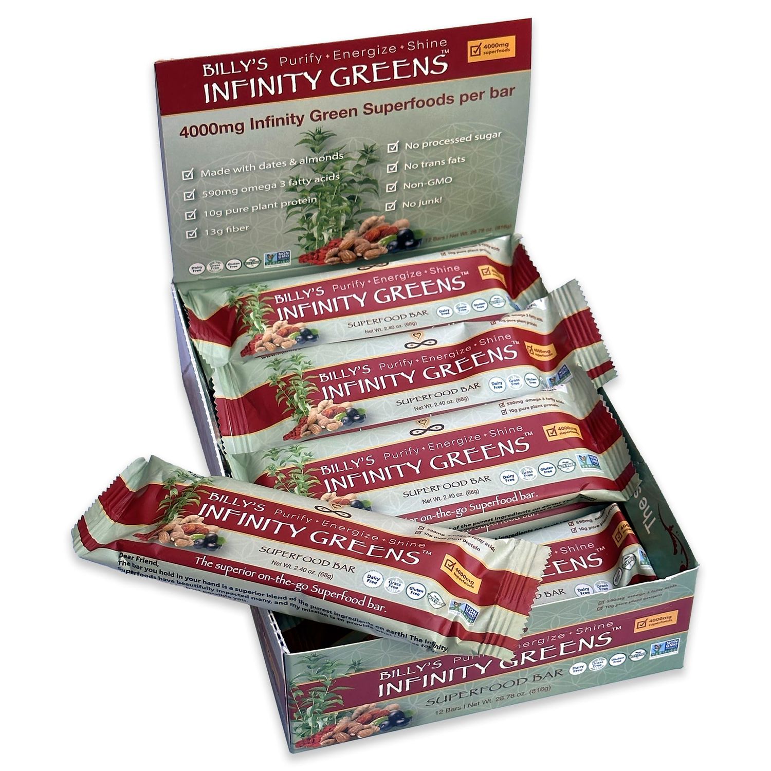 Infinity Greens Superfood Bars, Plant Based Meal Replacement Bar with 4000mg Infinity Greens Superfood Powder, Organic, Raw, Gluten Free, Non GMO (12 Bars)