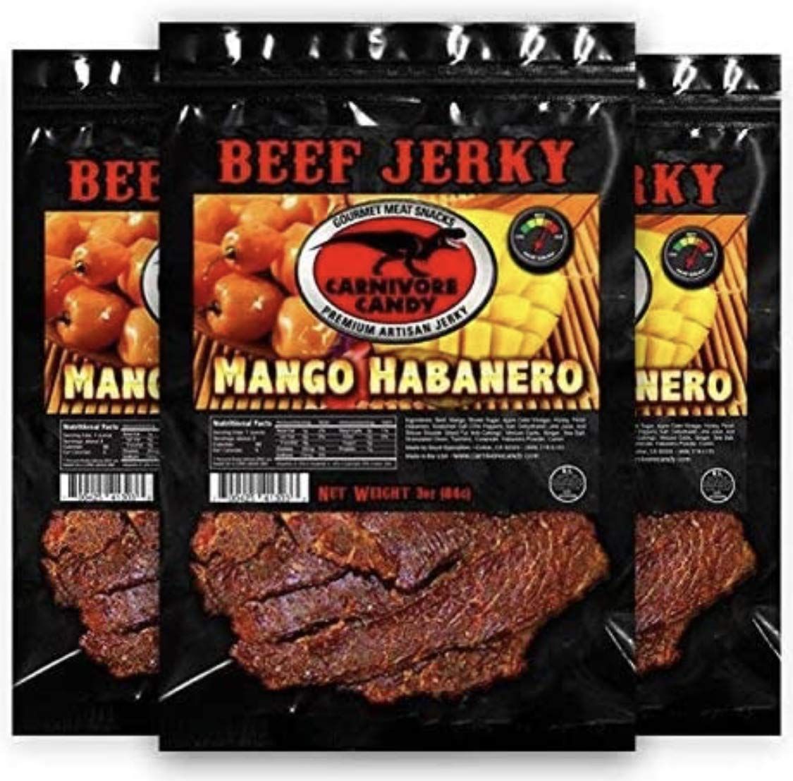 Carnivore Candys Mango Habanero Jerky - Beef Jerky with amazing taste, no preservatives, MSG-free, low sodium Ready to Go Food. Great protein boost for the gym, office or on the go! (3 OZ - 3 bags)