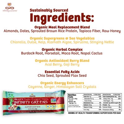 Infinity Greens Superfood Bars, Plant Based Meal Replacement Bar with 4000mg Infinity Greens Superfood Powder, Organic, Raw, Gluten Free, Non GMO (12 Bars)