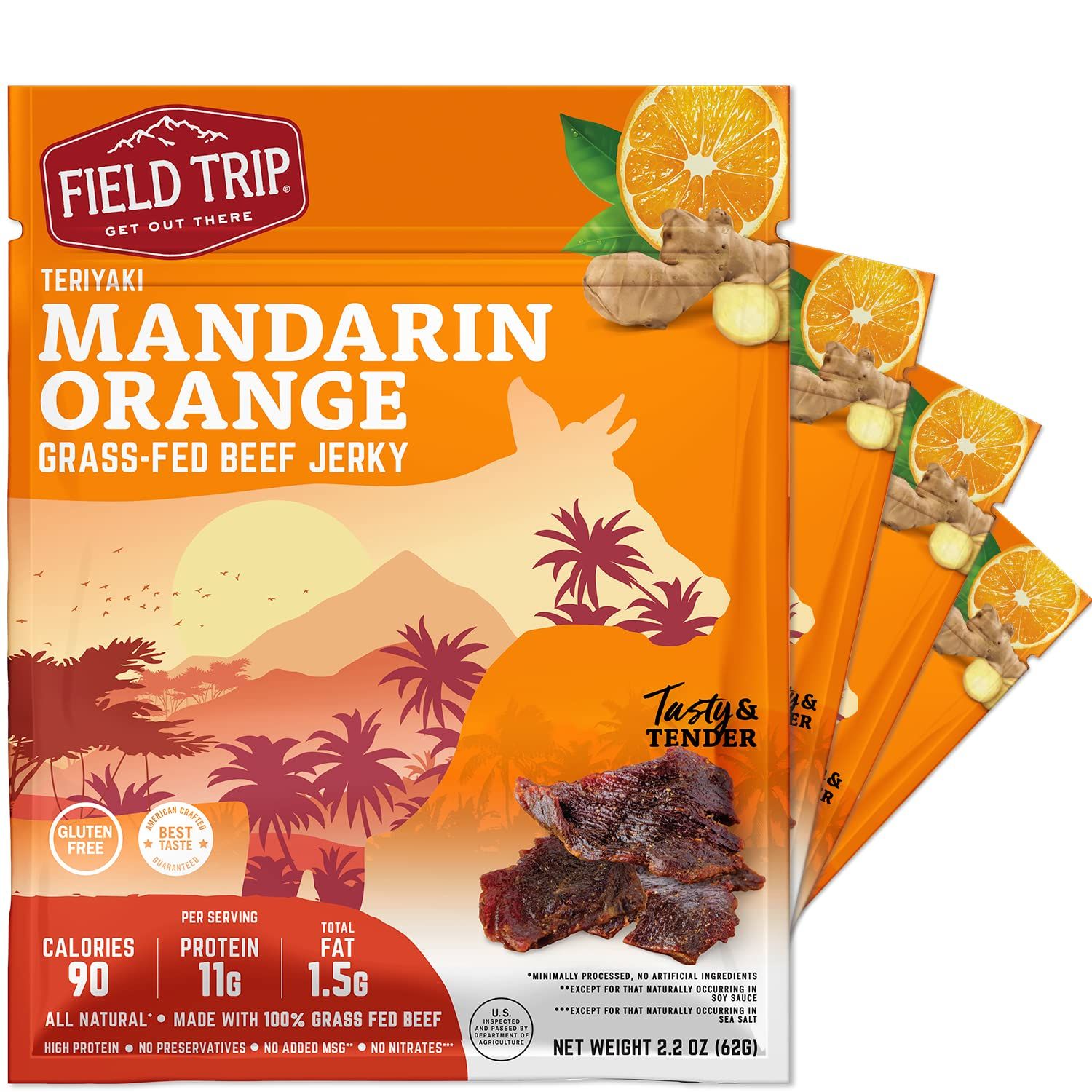 Field Trip Grass Fed Beef Jerky, Healthy Gluten Free Snacks, All Natural, Paleo-Friendly Beef Jerky, High Protein, Low Carb Snack with No Nitrates, 2.2oz Bag, 4 Pack, Mandarin Orange Teriyaki