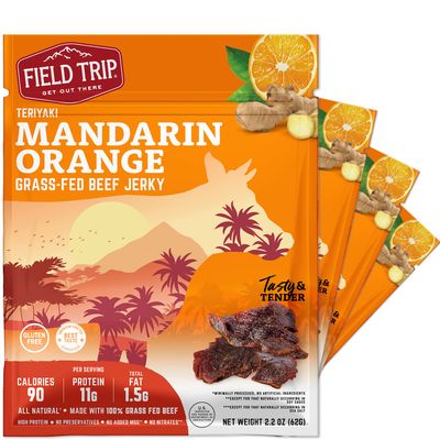 Field Trip Grass Fed Beef Jerky, Healthy Gluten Free Snacks, All Natural, Paleo-Friendly Beef Jerky, High Protein, Low Carb Snack with No Nitrates, 2.2oz Bag, 4 Pack, Mandarin Orange Teriyaki