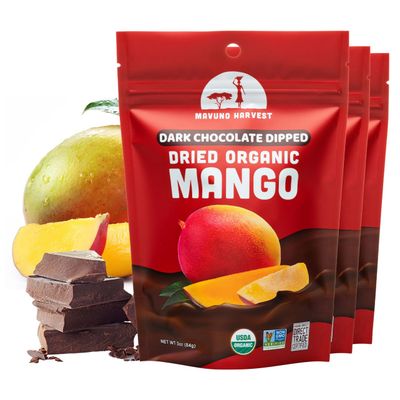 Mavuno Harvest Organic Chocolate Covered Mango - Organic Dried Mango Dipped in Dark Chocolate - Non GMO, Fair Trade, No Preservatives &amp; Vegan Chocolate Treats - Healthy Chocolate Snacks - 3 x 3 Ounces