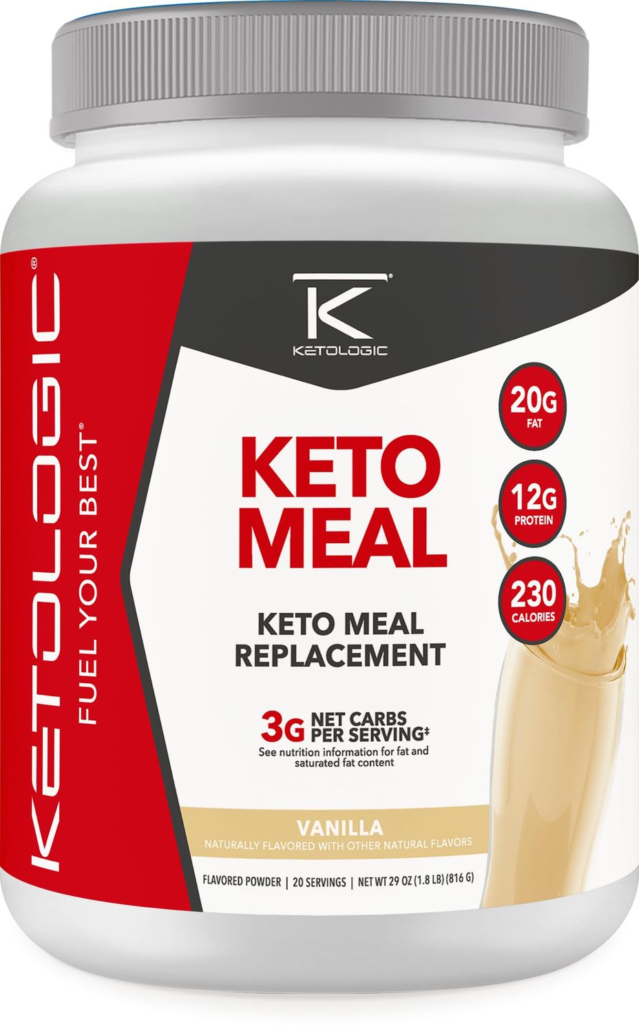 Ketologic Keto Meal Replacement Shake Powder for Optimal Results  MCT Oil  Grass-Fed Whey - Perfectly Formulated Macros for Ketosis - 20 Servings - Vanilla