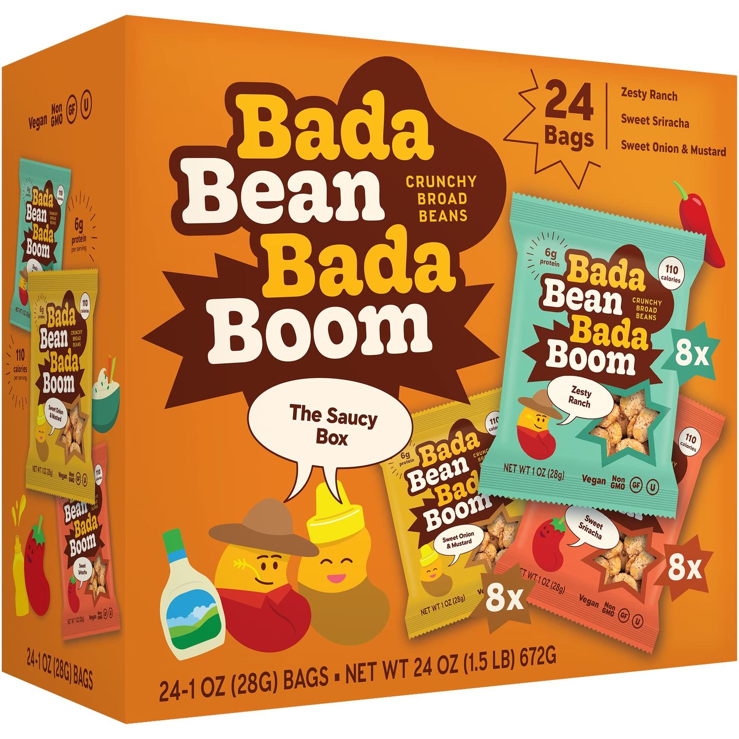 Enlightened Bada Bean Bada Boom - Plant-Based Protein, Gluten Free, Vegan, Crunchy Roasted Broad (Fava) Bean Snacks, 100 Calories per Serving, Saucy Box, 1 Oz (Pack of 24)
