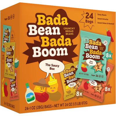 Enlightened Bada Bean Bada Boom - Plant-Based Protein, Gluten Free, Vegan, Crunchy Roasted Broad (Fava) Bean Snacks, 100 Calories per Serving, Saucy Box, 1 Oz (Pack of 24)