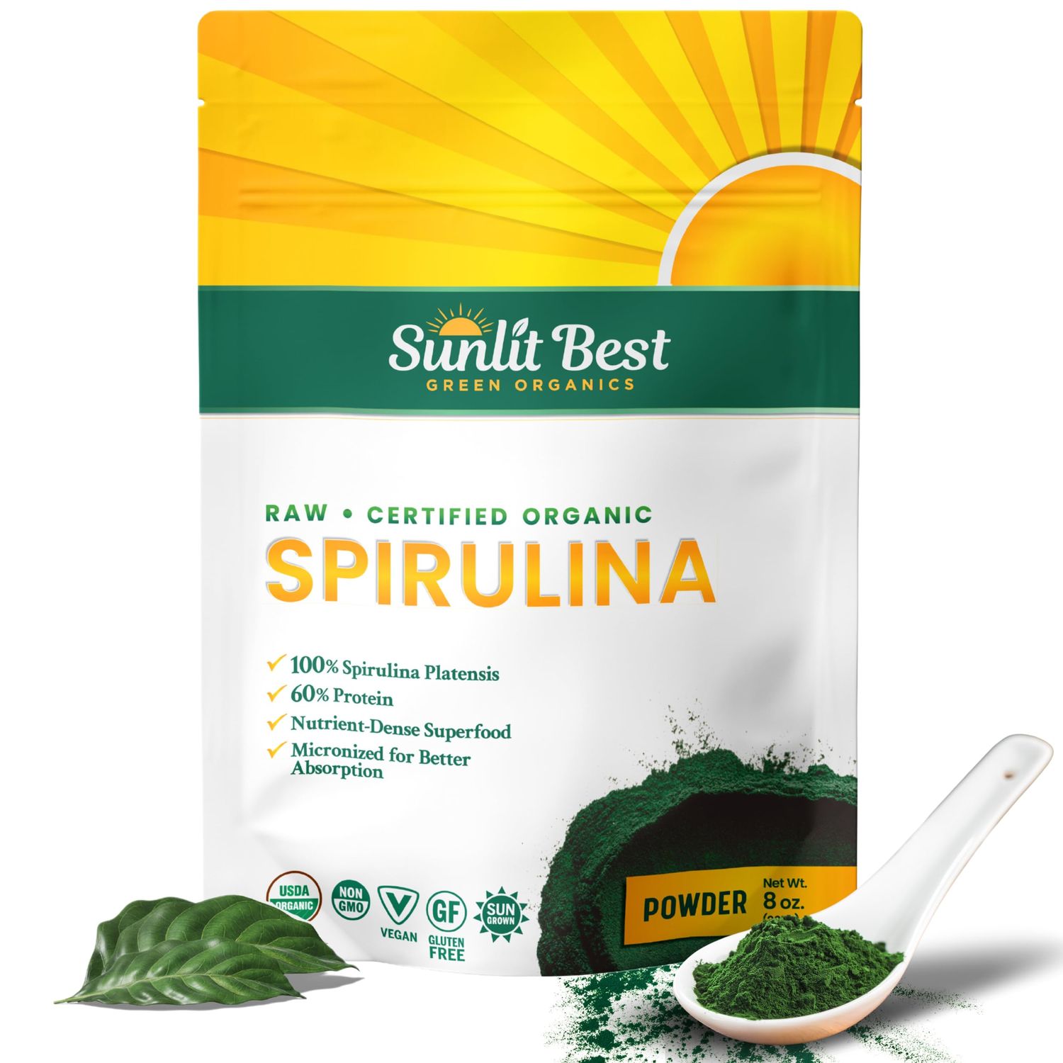 Sunlit Best Spirulina Powder Organic USDA - Chlorophyll, Fast Absorption, Blue-Green Spirulina Algae, Raw Vegan Protein - Non-GMO, Gluten Free Superfood Energy, Gut, Immune Support Supplement - 8 Oz
