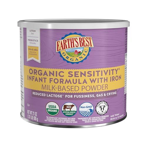 Earth&#39;s Best Organic Sensitivity Infant Formula for Babies 0-12 Months, Reduced Lactose Powder Formula with Iron, Omega-3 DHA, and Omega-6 ARA, 21 Ounce Container