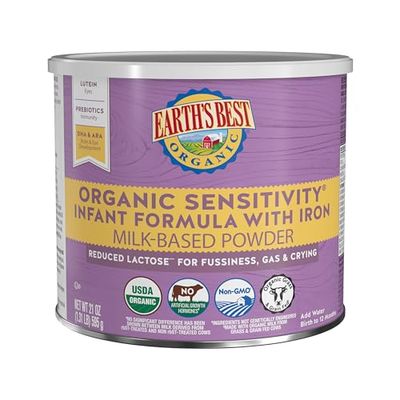 Earth&#39;s Best Organic Sensitivity Infant Formula for Babies 0-12 Months, Reduced Lactose Powder Formula with Iron, Omega-3 DHA, and Omega-6 ARA, 21 Ounce Container