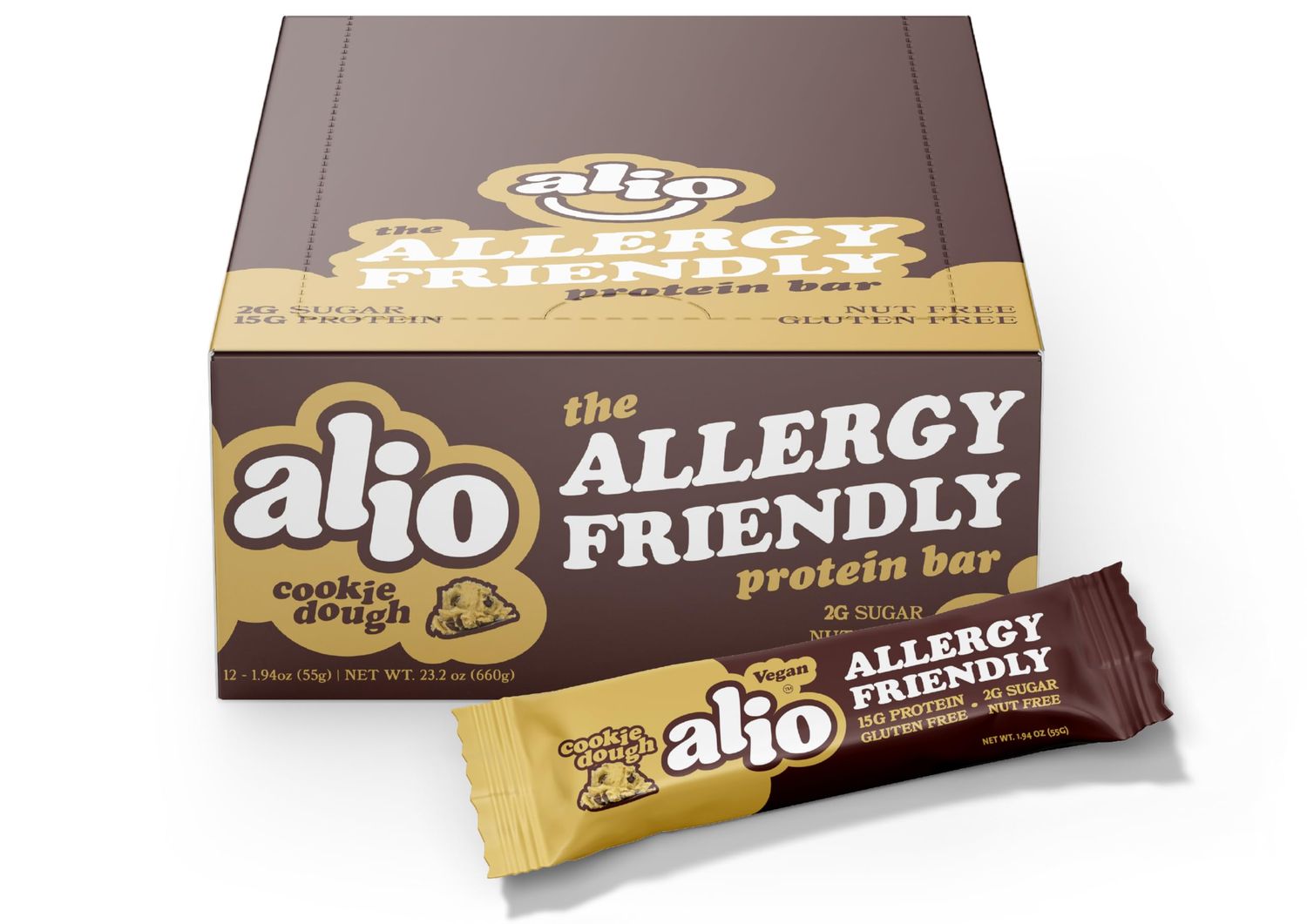 Alio: Cookie Dough - Top 9 Allergen Free Protein Bar  High Protein  Nut Free  Low Calorie  Vegan  Gluten Free  non-GMO  Plant Based  Amazing Taste! 12 Bars in a Box