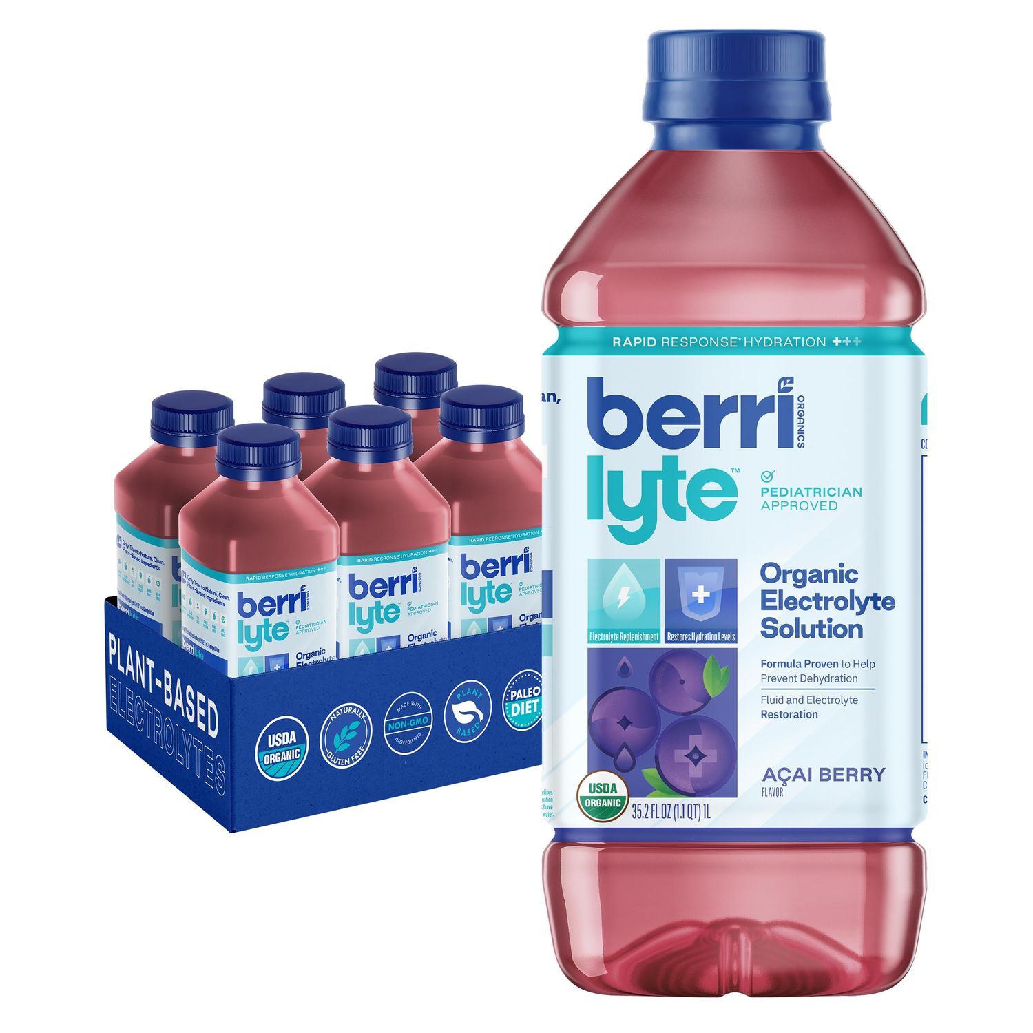 Berri Lyte Electrolytes Hydration Beverages with Coconut Water, Organic &amp; Plant Based Electrolyte, Pediatric Rehydration Drink, Acai Berry, 1 L, 6 Count