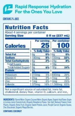 Berri Lyte Electrolytes Hydration Beverages with Coconut Water, Organic &amp; Plant Based Electrolyte, Pediatric Rehydration Drink, Acai Berry, 1 L, 6 Count