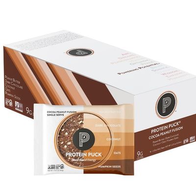 Protein Puck Plant Based Bars  Snacks with Vegan Protein  16 Count  2.25 oz Single Serve  Gluten Free, Non Dairy, Kosher Certified Non GMO Premium Healthy Bars  Cocoa Peanut Fusion