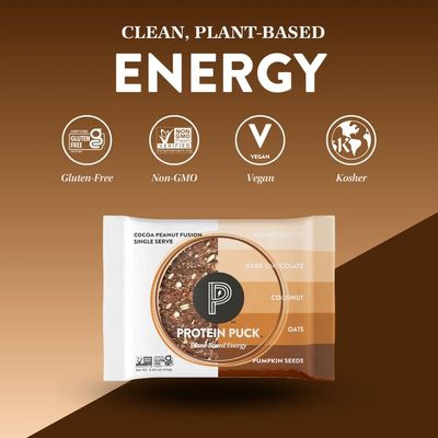 Protein Puck Plant Based Bars  Snacks with Vegan Protein  16 Count  2.25 oz Single Serve  Gluten Free, Non Dairy, Kosher Certified Non GMO Premium Healthy Bars  Cocoa Peanut Fusion