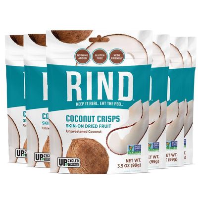 RIND Snacks  All Natural Coconut Crisps  Unsweetened  Dried Fruit Superfood  Snack Chips  Low Carbs  High Fiber  Keto  Gluten Free  Vegan  Paleo  Fruit Snacks  3.5 oz  6 Pack