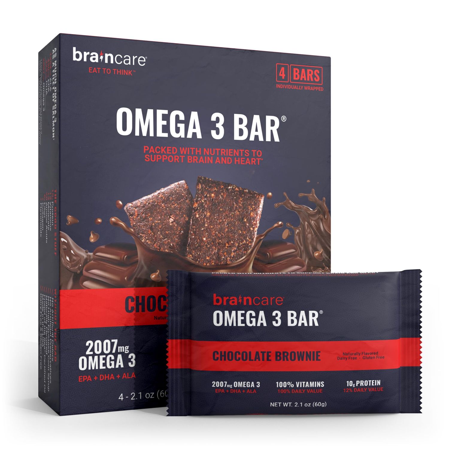 Brain Omega 3 Bars - Chocolate Brownie Gluten-Free Protein Snacks, 1,956mg Omega-3, Perfect High-Protein Meal Replacement Breakfast Bars for Healthy Adults (4 Count)