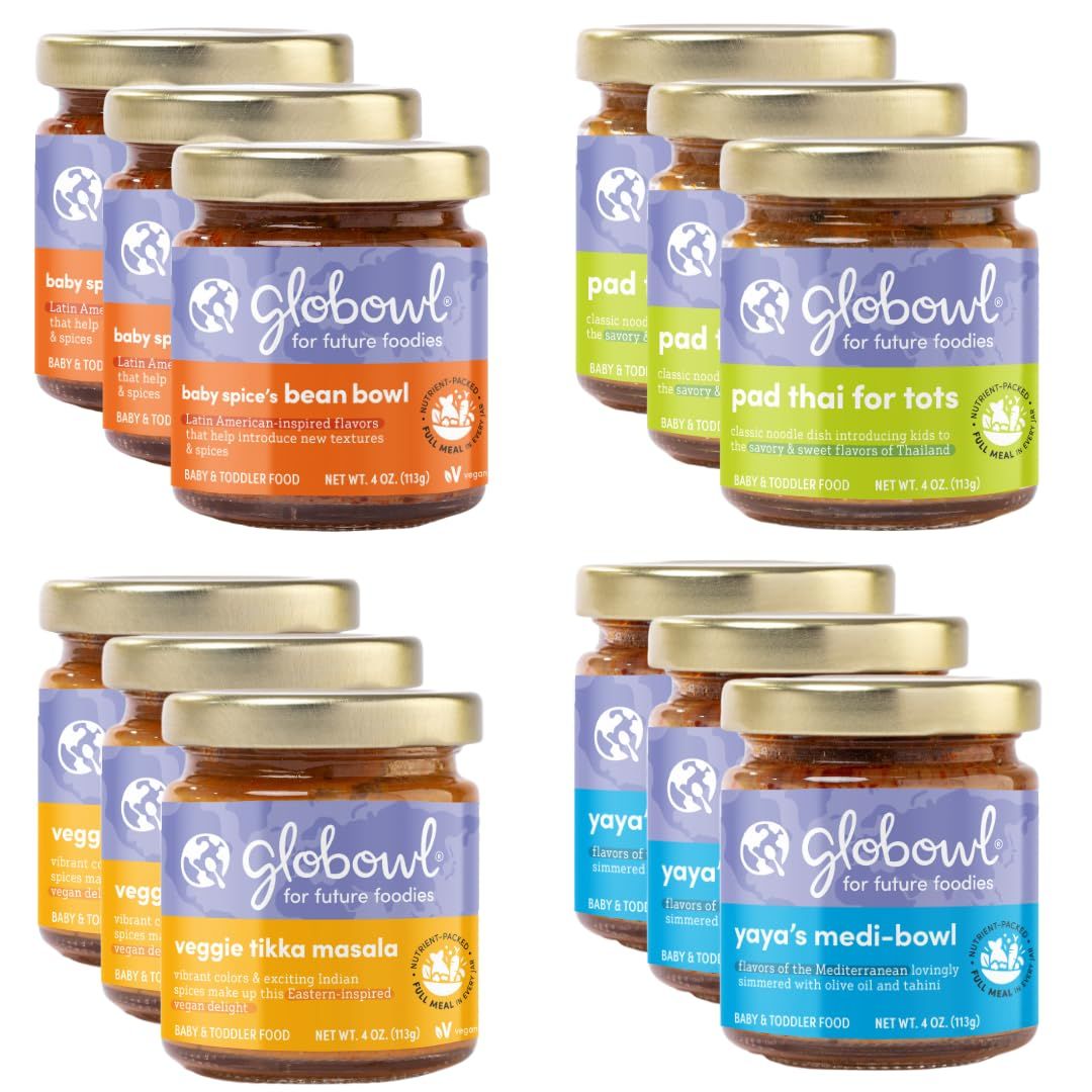 Globowl Stage 3 Baby Food &amp; Toddler Meals, 6 Months Early Allergen Introduction, Baby Led Weaning, International Whole Food Snacks for Toddlers, Babies, 4 oz Glass Jar, Variety 12-Pack