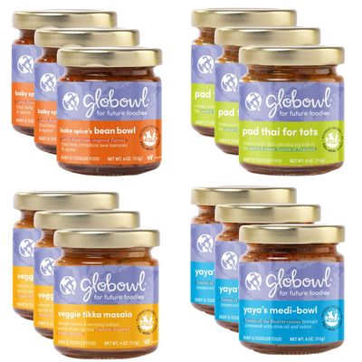 Globowl Stage 3 Baby Food &amp; Toddler Meals, 6 Months Early Allergen Introduction, Baby Led Weaning, International Whole Food Snacks for Toddlers, Babies, 4 oz Glass Jar, Variety 12-Pack