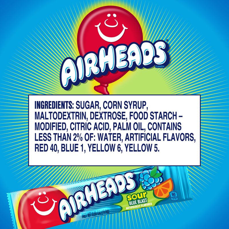 Airheads Sour Full-Size Candy Bars, Taffy Candy, Sour Blue Blast, Individually Wrapped Candy, 36 Count