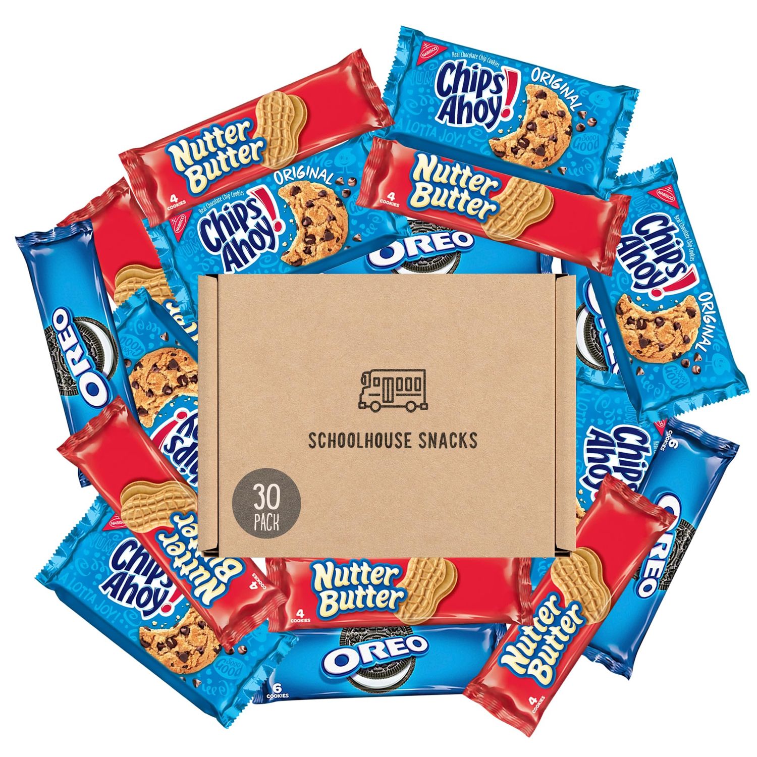 Nabisco Cookies Variety Pack, OREO, Nutter Butter Cookies, CHIPS AHOY!, Assorted Cookies, 30 Snack Packs bundled by Schoolhouse Snacks
