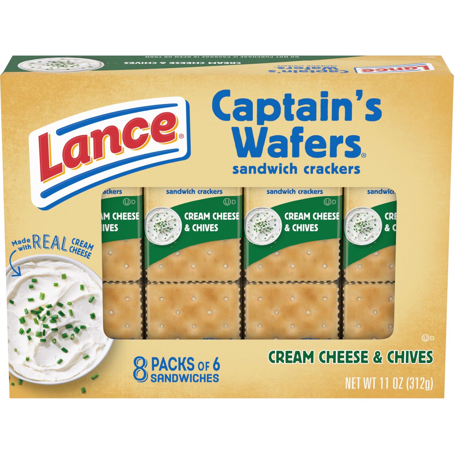 Lance Sandwich Crackers, Captain&#39;s Wafers Cream Cheese and Chives, 8 Packs, 6 Sandwiches Each