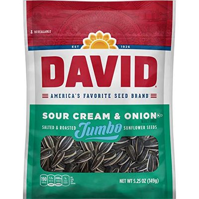 DAVID Roasted and Salted Jumbo Sunflower Seeds, Sour Cream and Onion Flavor, 5.25oz. (Pack of 12)