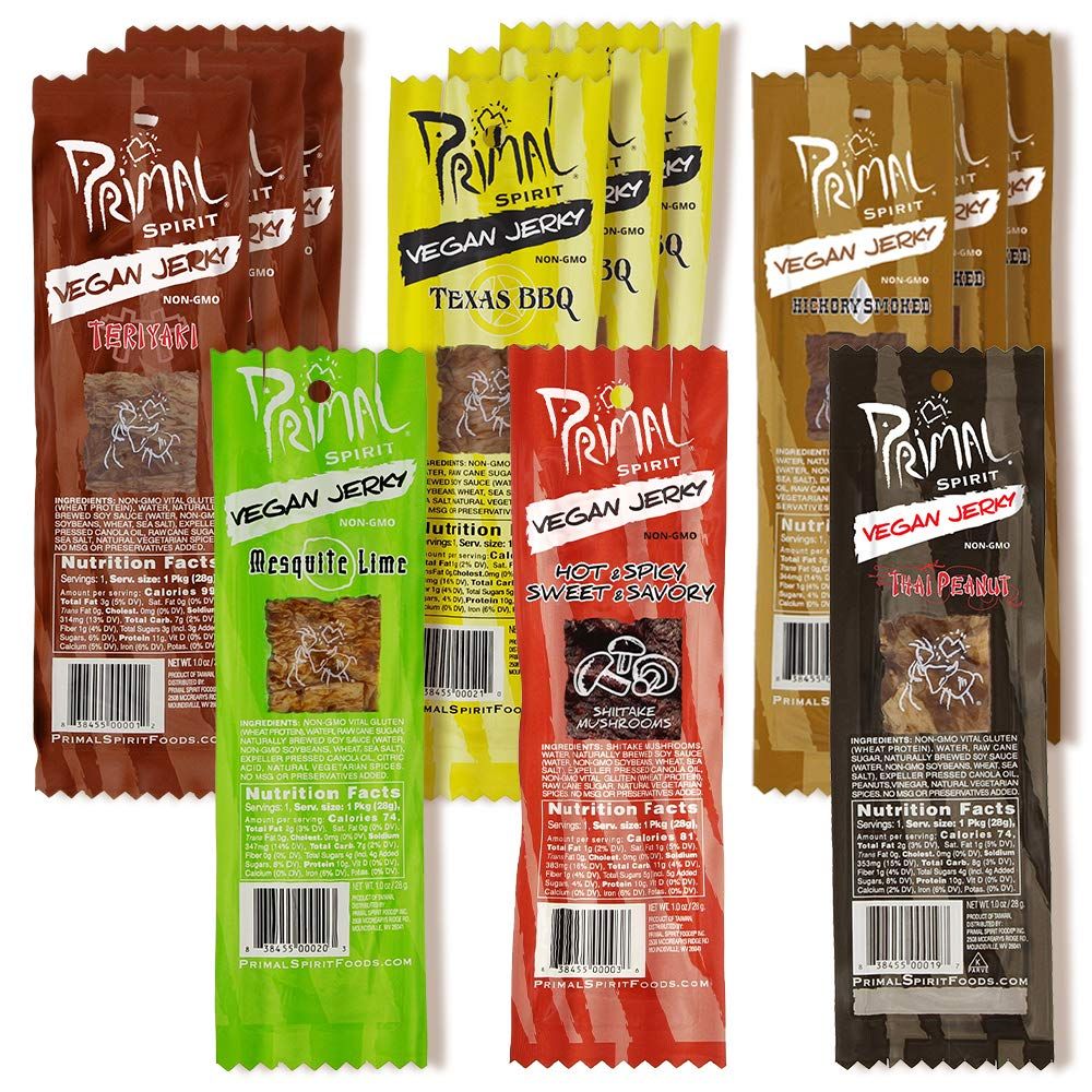 Primal Spirit Vegan Jerky - Most Popular Flavors Pack, 10 g. Plant Based Protein, (&quot;The Classics&quot; 3 Teriyaki, 3 Hickory Smoked, 3 Texas BBQ, 1 Thai Peanut, 1 Hot &amp; Spicy, 1 Mesquite Lime, 12-Pack, 1 o