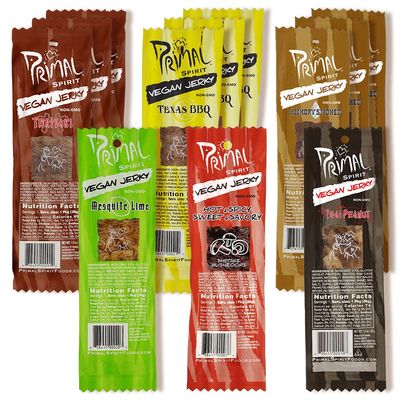 Primal Spirit Vegan Jerky - Most Popular Flavors Pack, 10 g. Plant Based Protein, (&quot;The Classics&quot; 3 Teriyaki, 3 Hickory Smoked, 3 Texas BBQ, 1 Thai Peanut, 1 Hot &amp; Spicy, 1 Mesquite Lime, 12-Pack, 1 o