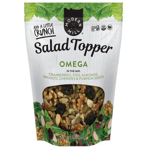 Modern Mill Omega Mixed Salad Topper By Gourmet Nut - Dried Cranberries, Figs, Roasted Sliced Almonds, Walnuts, Cherries &amp; Pumpkin Seeds - Gluten Free, Kosher, Vegan Snack Mix - 12 oz Resealable Bag