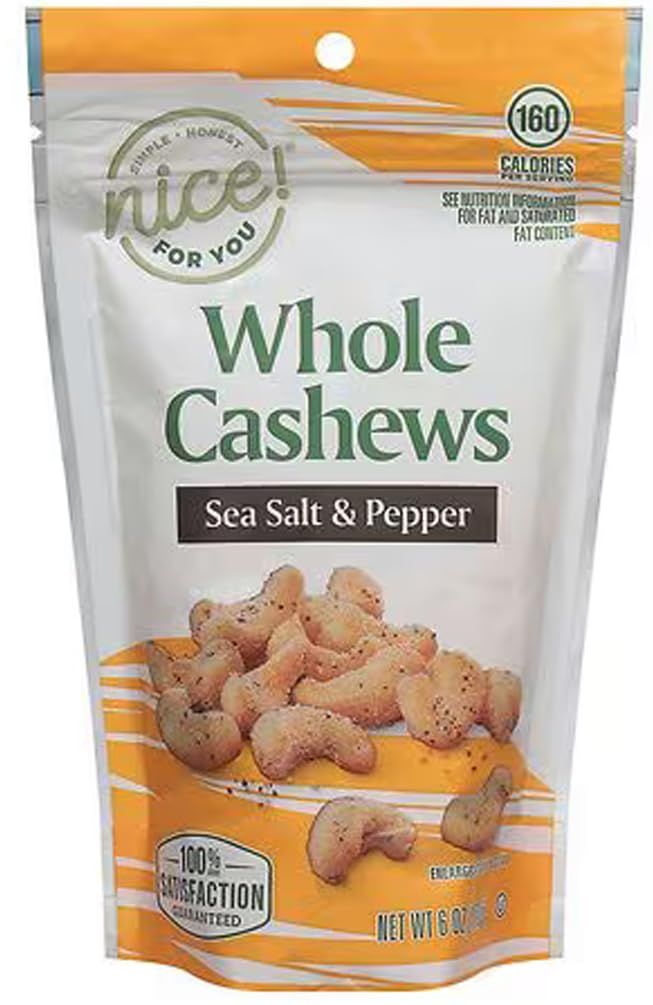 Sea Salt &amp; Pepper Cashews - Nice, Whole Roasted Nut Trail Mix 6 oz Bag, Snack Snacking Crunchy Break Keto Friendly Low Carb Food