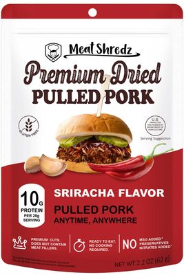 Meat Shredz - Premium Dried Pulled Pork (Sriracha Flavor, 1 Pack)  Gluten Free  High Protein &amp; Low Sugar  Bacon Bits  Dehydrated Backpacking &amp; Camping Food  Shredded, Dried Jerky Chew Snack