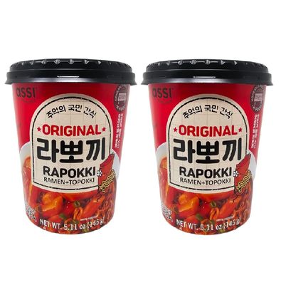 Instant Rapokki Cup, Ramen noodle  Topokki Rice Cake, Original Sweet &amp; Spicy Flavor, Korean Street Snack, K Food, 145g each (Pack of 2)