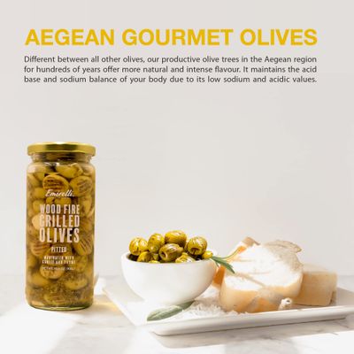 Emirelli Grilled and Pitted Green Olives, 10.6 Ounce (300 gr), Wood Fire, Marinated with Garlic and Mix Spices, Healthy and Fresh Vegan Snacks (Grilled Olives, 1 Pack)