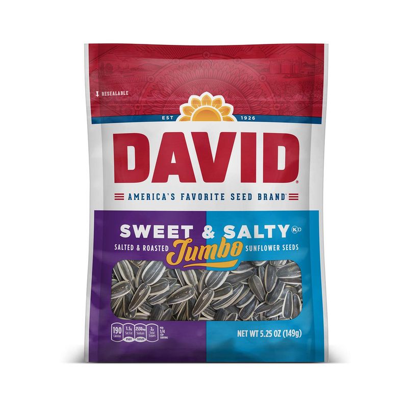 DAVID Roasted and Salted Jumbo Sunflower Seeds, Sweet and Salty Flavor, 5.25oz. (Pack of 12)