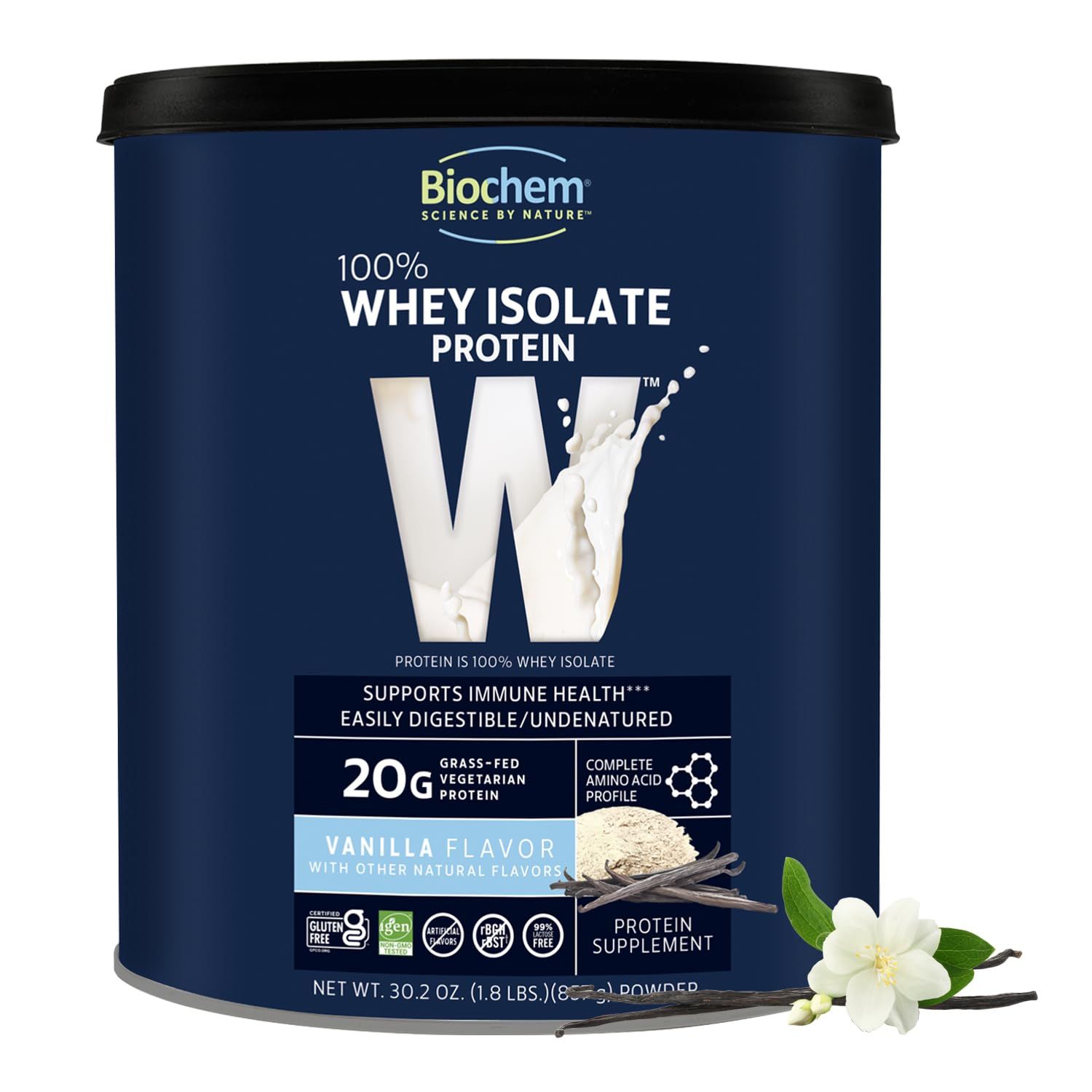 Biochem Whey Protein Isolate Powder - Vanilla Flavor, 20 Grams per Serving, Sourced from Grass Fed Cows, Non-GMO, Vegetarian, No Artificial Flavors or Sweeteners - Supports Muscle Mass &amp; Performance